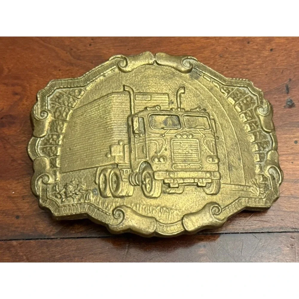 Vintage 1978 Solid Brass Semi-Truck Belt Buckle - 18 Wheeler Trucker Big Rig